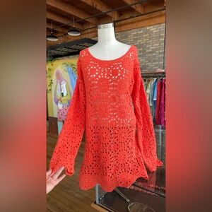 Together Crochet Openwork Tunic Sweater - Bright Coral